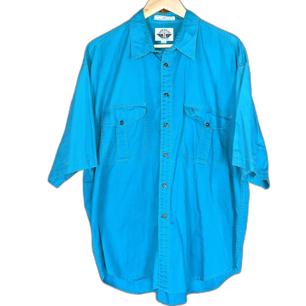 Dockers Men's XL Blue Green Button Up Dress Shirt Western Polo Work Attire
